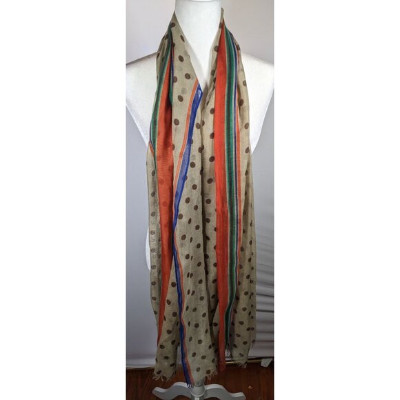 Vintage 70s Taupe Scarf With Brown Polka Dots And Rainbow Stripes - Picture 5 of 8